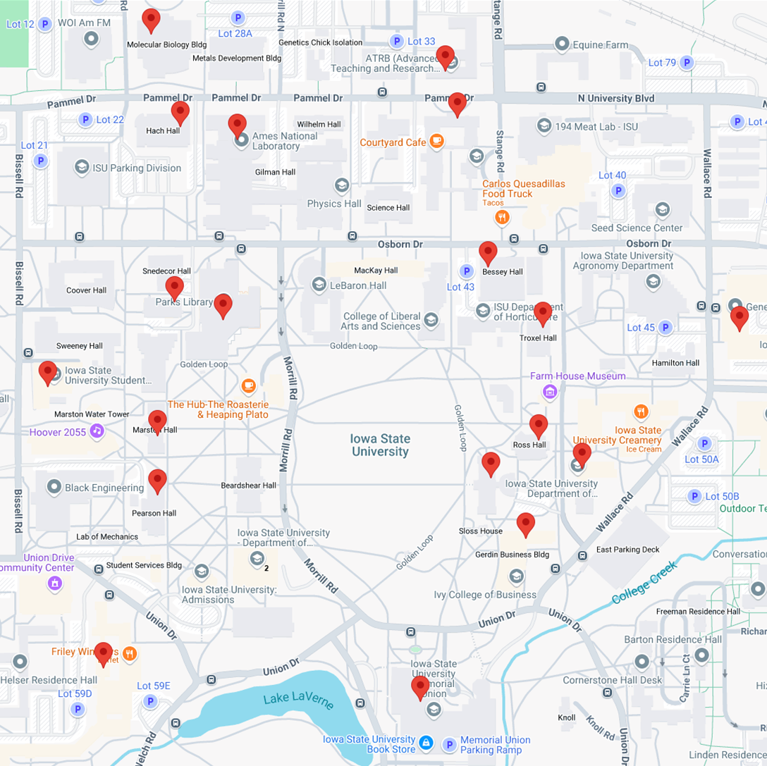 Map showing lactation room locations on central campus