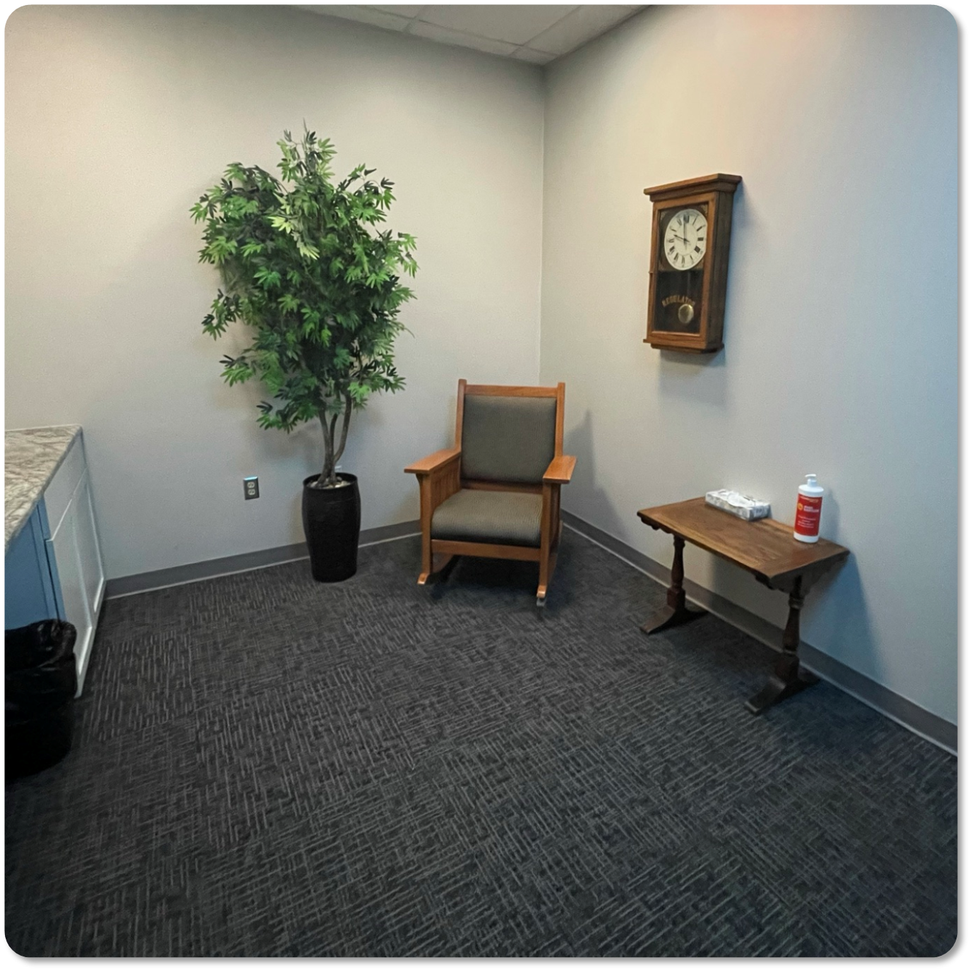 Fern and chair with a desk next to it